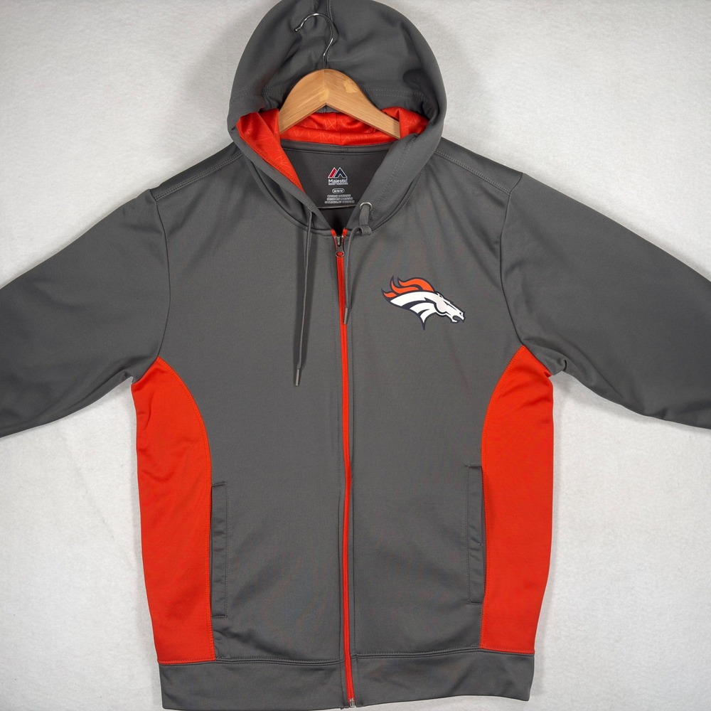 Majestic Denver Broncos Full Zip Hoodie Mens Medium Gray Orange NFL Sweatshirt
